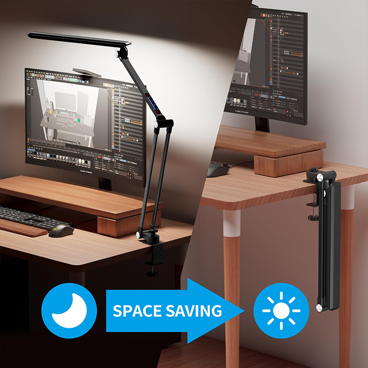 Metallic Black Swing Arm Desk Light with Clamp