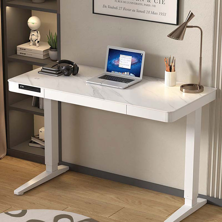 Hospital White Marble Texture Sit Standing Electric Laptop Table With Storage