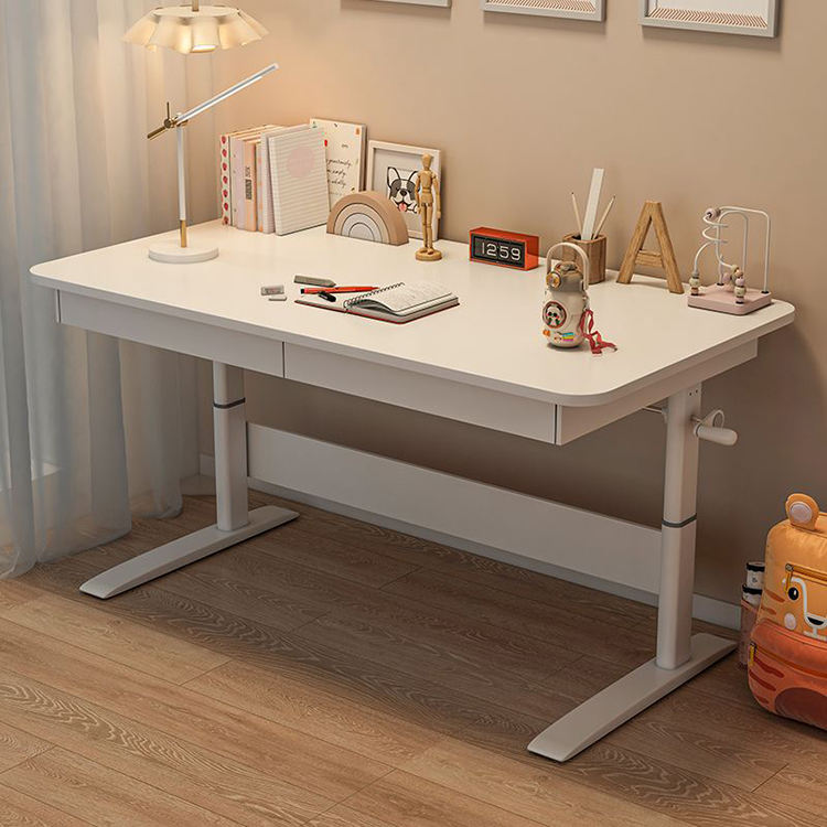 White Wooden Manual Height Adjustable Computer Gaming Desk With Storage For Living Room